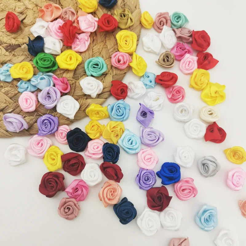 (100pcs/pack) 15mm Mix And Match Colored Small Flowers Mini Ribbon Rose Clip Art Gift Box Decorative Flower DIY Wholesale
