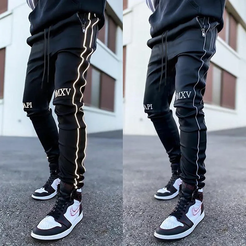 
2021 New Reflective Striped Muscle Trousers Hip Hop Sweatpants Mens Joggers Pants 