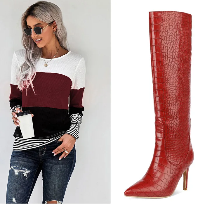 2022 New Arrival Latest Style Pointy Stiletto Knee High Heels Women Female Crocodile Casual Walking Thigh High Boots Shoes Pumps