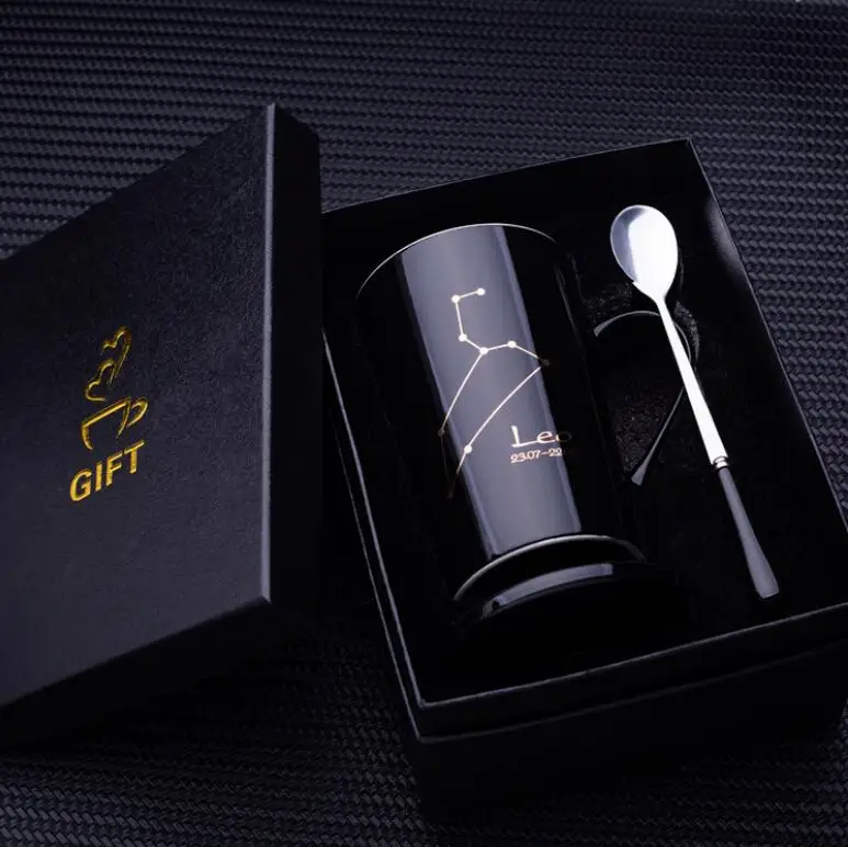 16oz 450ML black and white color constellation ceramic mug coffee cup with lids and spoons