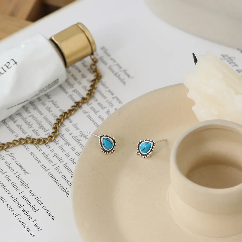 Nabest 925 Silver Jewelry Water Drop Turquoise Earrings Hypoallergenic Women Vintage Charm Stud Earrings