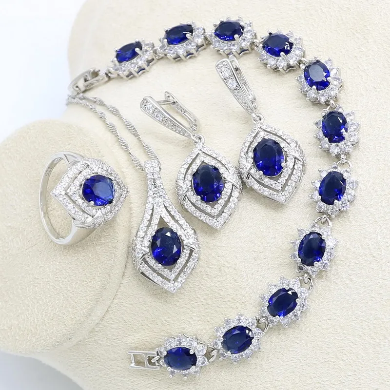 Classic Blue Stones Bridal Jewelry Sets Dubai Silver Earrings For Women Bracelet Necklace Rings Set