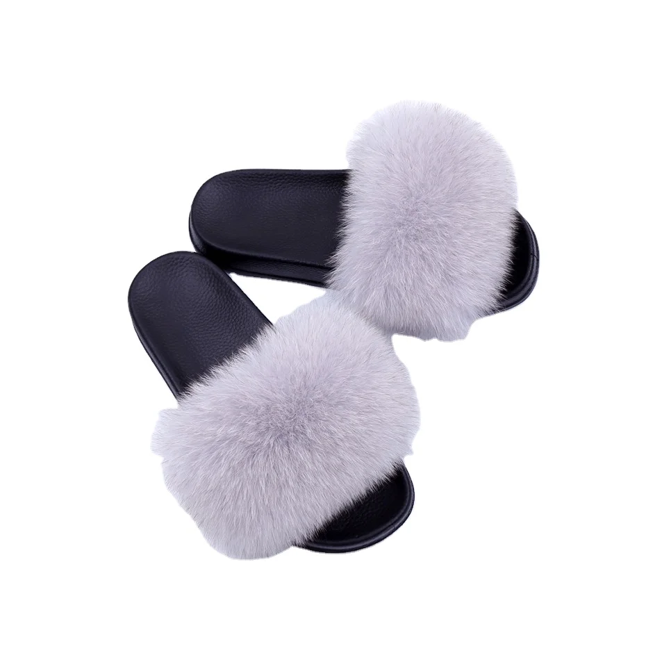 Stable Quality 100% Fox Fur Soft Sandals Wholesale Women Slippers Solid Color Fur Slides
