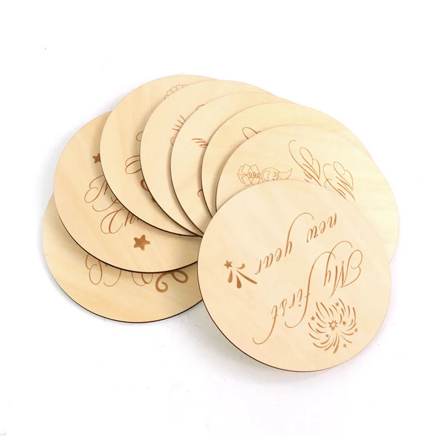 Wood Crafts Laser Cutting Plywood Decoration Wholesale Engraved Baby Milestone Cards DIY pattern and shape