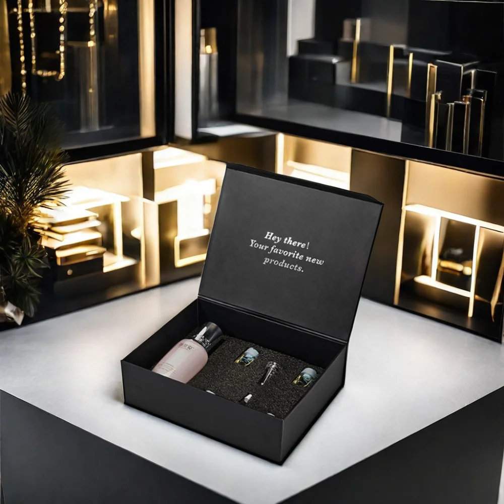 Luxury A4 Deep Black Magnetic Flap Foldable Gift Boxes Wholesale Corrugated Packaging Jewelry Chocolate Underwear Logo Patterned