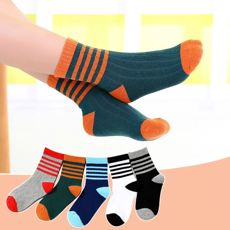 Bulk High Quality Winter Stripe Kids Short Socks Baby Young Cute Girl Boys Cotton Crew School Shoes Socks Students Med Tube