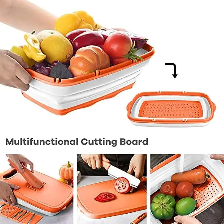 Collapsible Bbq Prep Tub Green Water Colander Basket Folding Plastic Cutting Board with Container