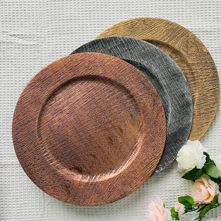 2023 new model reusable durable party Wood pattern 13 inch plastic wedding charger plates wholesale
