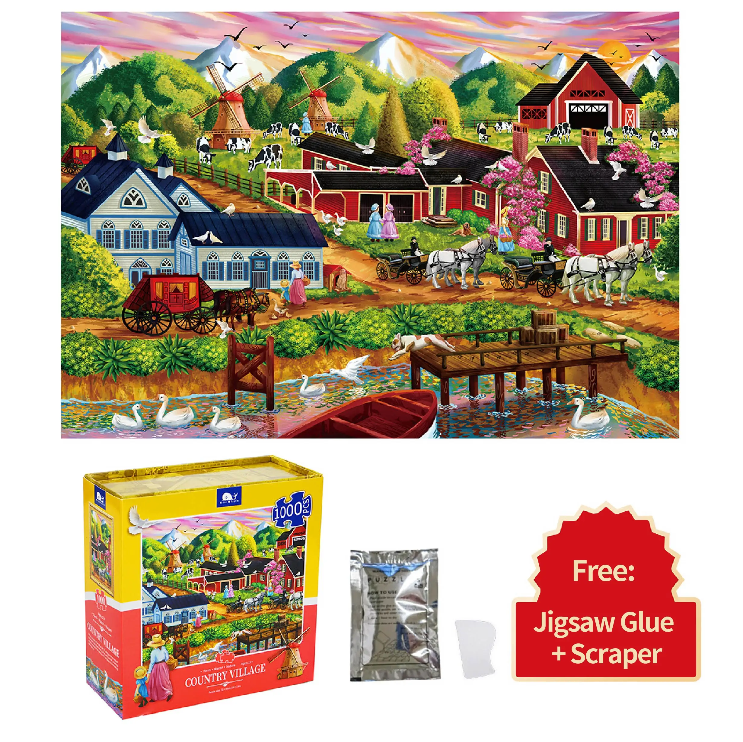 Wholesale Gift Box Beautiful Rural Town Oil Painting Puzzle 1000 Pieces Gift Box Set Jigsaw Puzzles For Adult