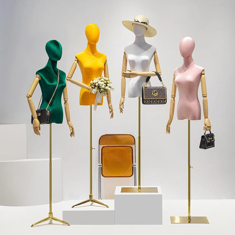 Window Clothing Display Female Half-Body Mannequins Dummy Models Woman Adult Velvet Dress Form Lady Mannequin with Wooden Arms