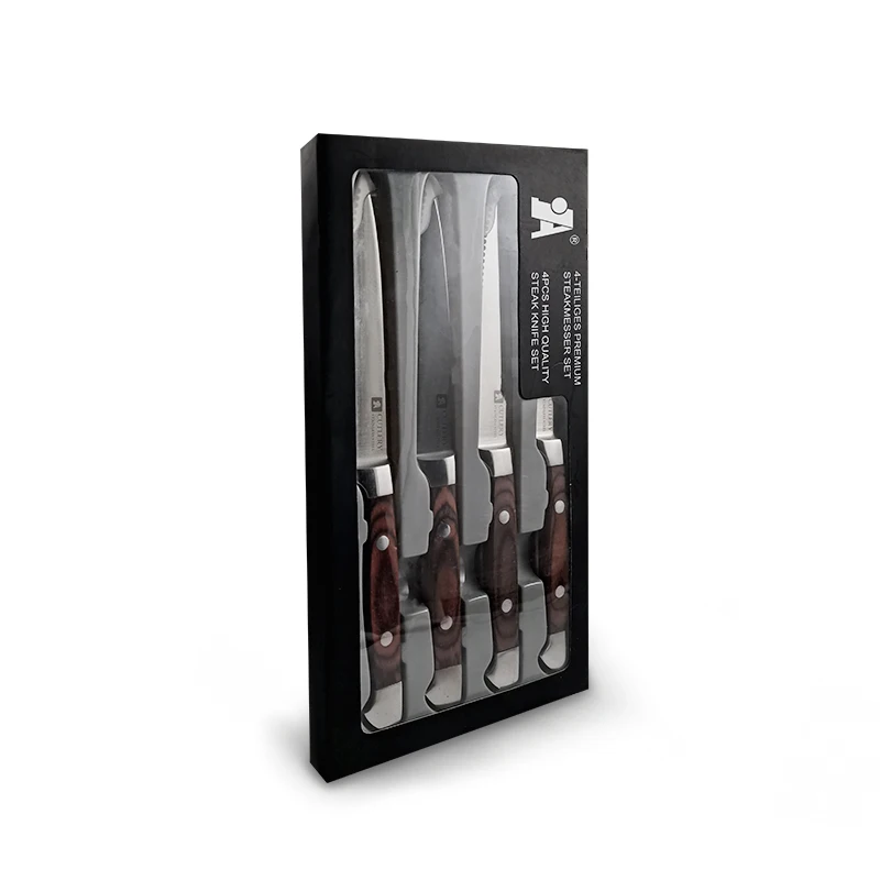 Trending products kitchen steak knives serrated stainless steel wooden handle steak knife set of 4 pieces