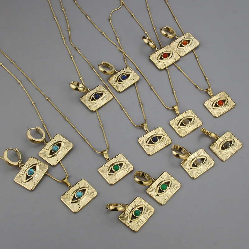 Fashion Tarnish gold jewelry stainless steel rectangle evils eye pendant 18K gold necklace