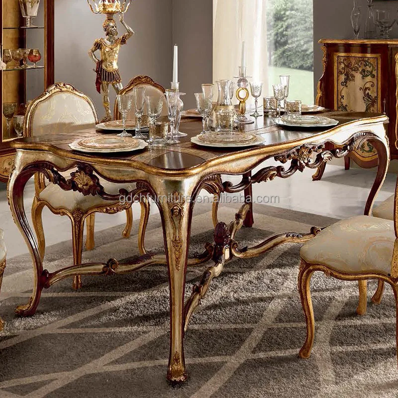 Customized luxury French Royal solid wood hand carved colored drawing long dining table set with 8 chair
