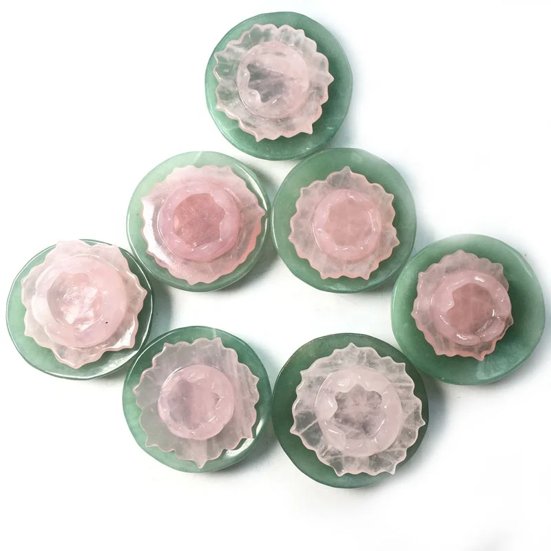 Wholesale Natural Crystal Lotus Crafts Carved Pink Rose Quartz Lotus With Green Aventurine Leaf for crystal decor
