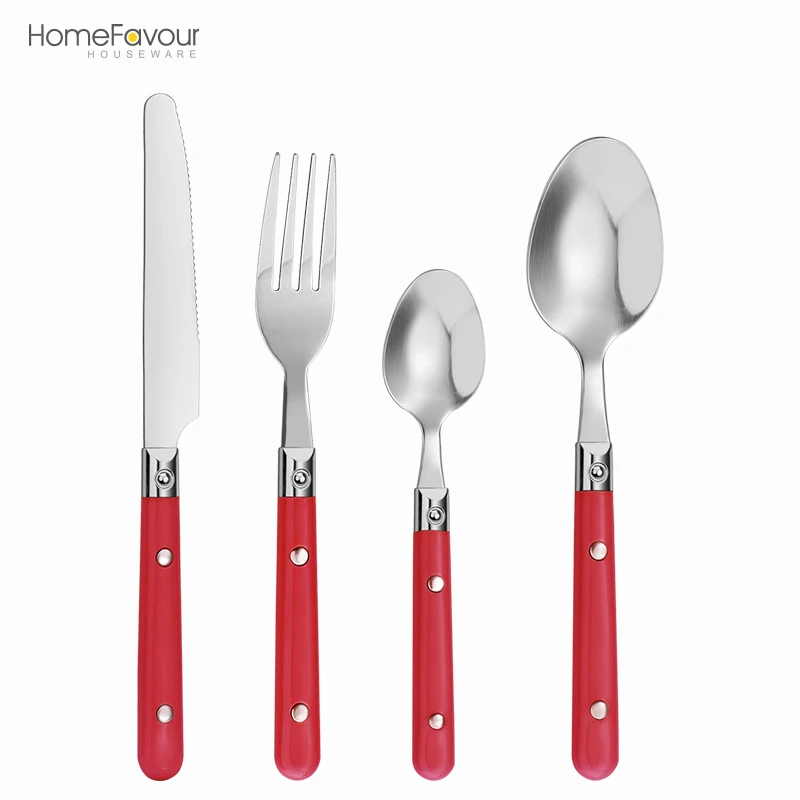 Western Stainless Steel Cutlery Polypropylene Plastic Half Handle Red Flatware Set