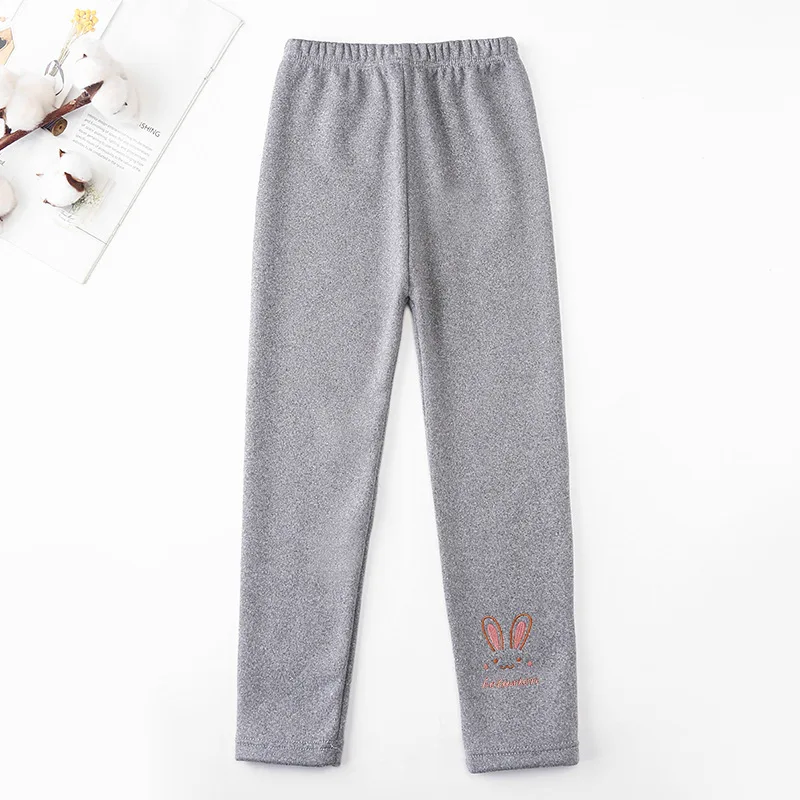 2023 Winter Kids Velvet Leggings Simple Rabbit Embroidered Girls Thick Style Warm Pants Stock
