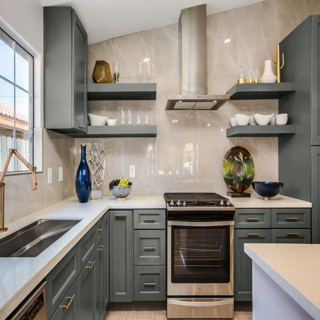 Elegant grey modern solid wood modular kitchen cabinet