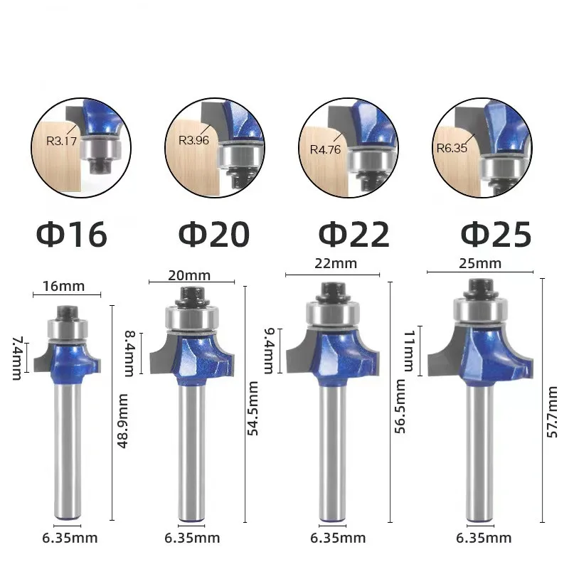 1/4 1/2 Shank High Quality Corner Round Router Bit Round Over Edging Cutter Tungsten Carbide Milling Cutter for Wood PVC