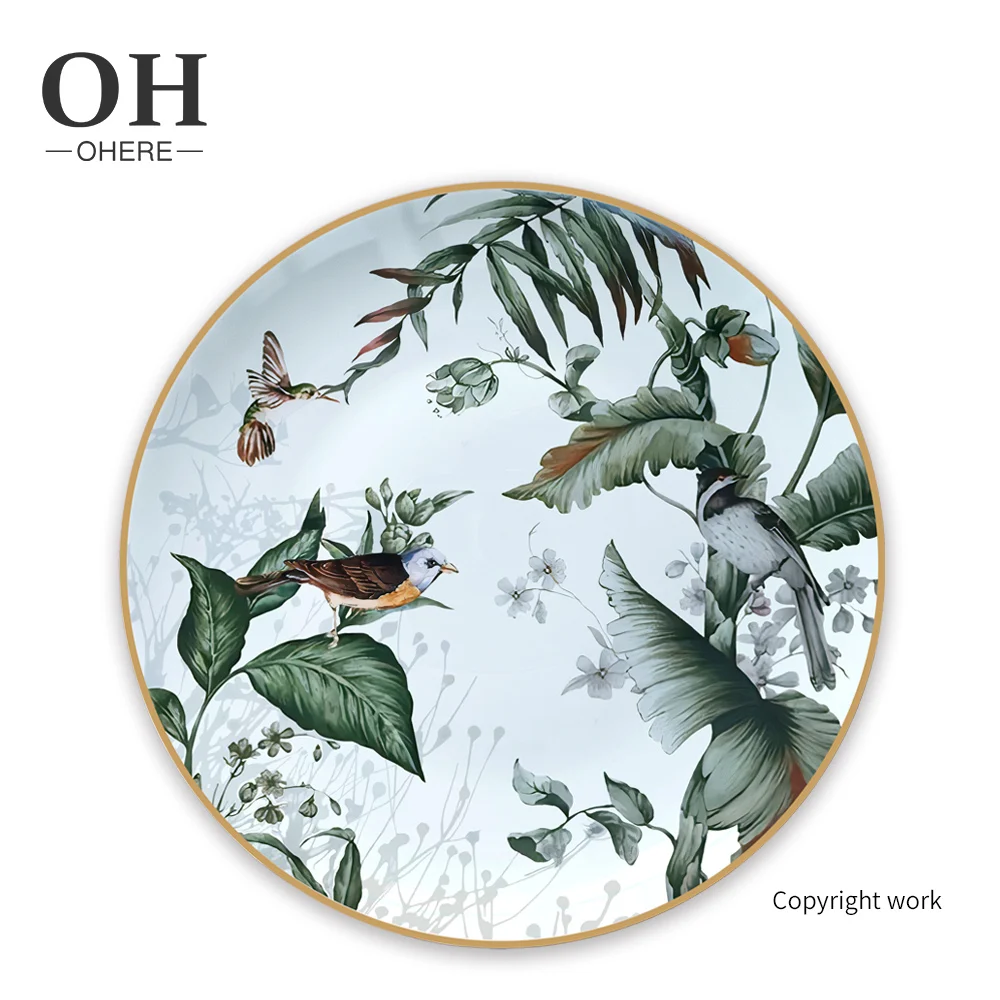 Ohere Latest customized green fine Bone China dinner Set wedding lovely bird ceramic tableware sets used restaurant plates