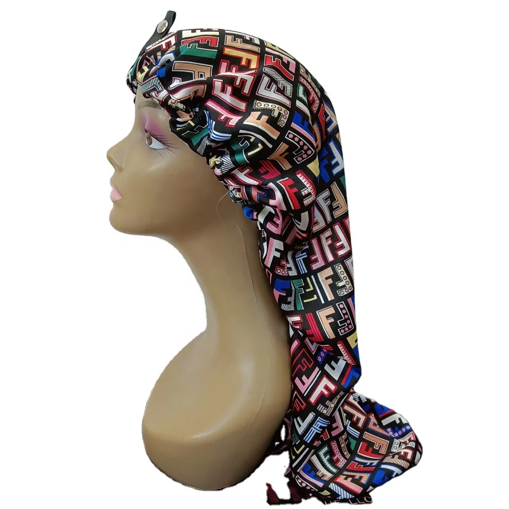 F Pattern Long Button Slap Clasped Satin Bonnet For Women Braids Hairs Sleep Caps