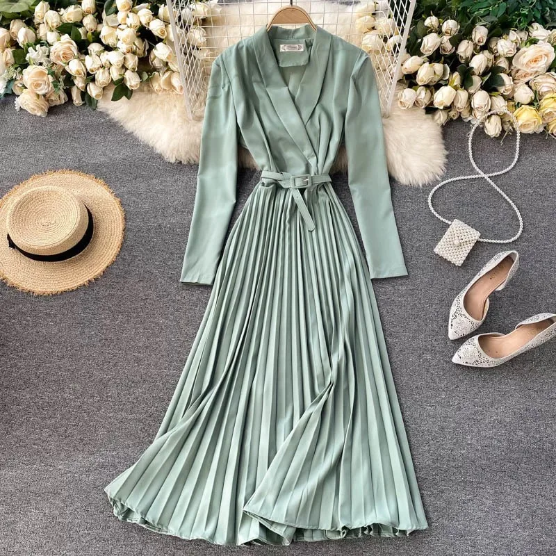 Wholesale Fashion Solid Color  Elegant Chiffon Dress Shirt Long Dress Women Pleated Dress