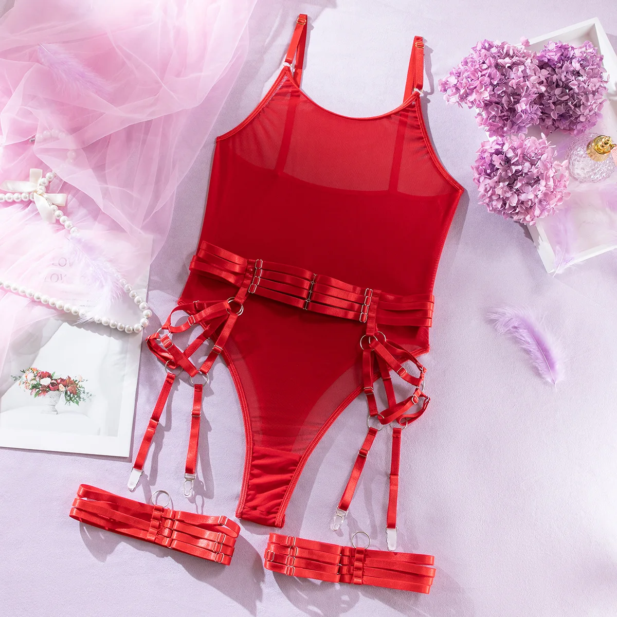 Sexy Corset Lingerie Women With Bra Pads Erotic Long Bra Tie Up Sexy Women Red Lace Open the buckle Lingerie Garters Belt