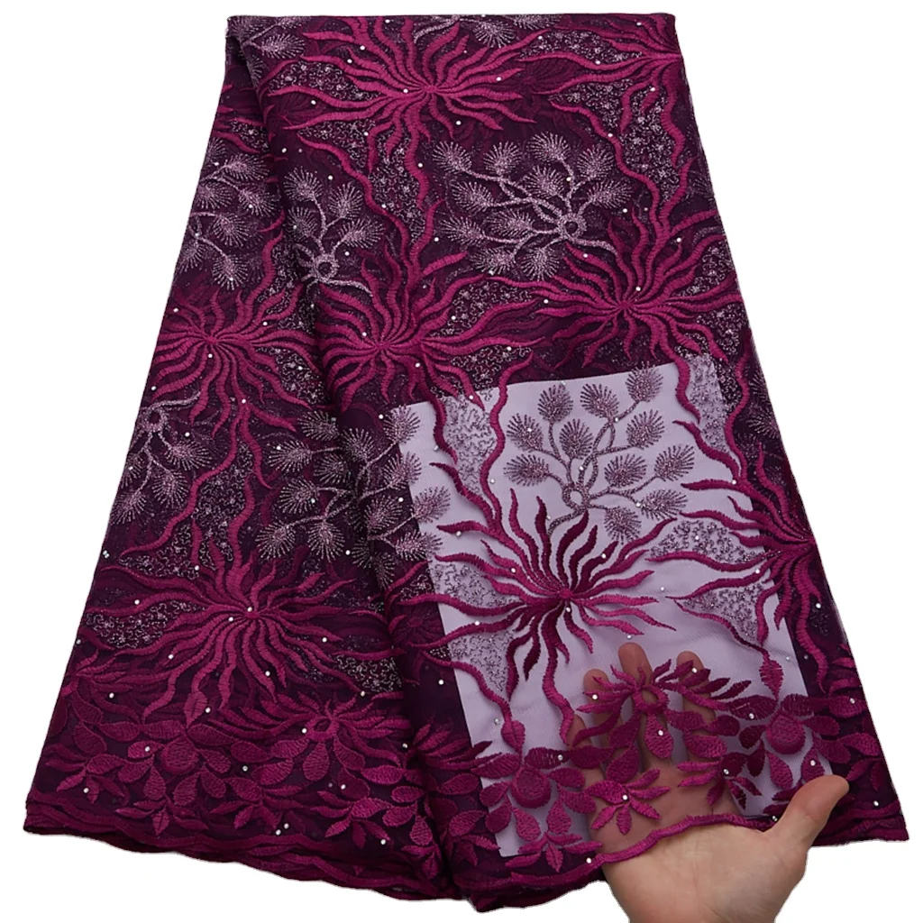 2809 Wholesale Mesh Tulle Net Lace Fabric Red Wine African With Beads Fabric Heavy Embroidery Lace Materials For DIY Dress Sew