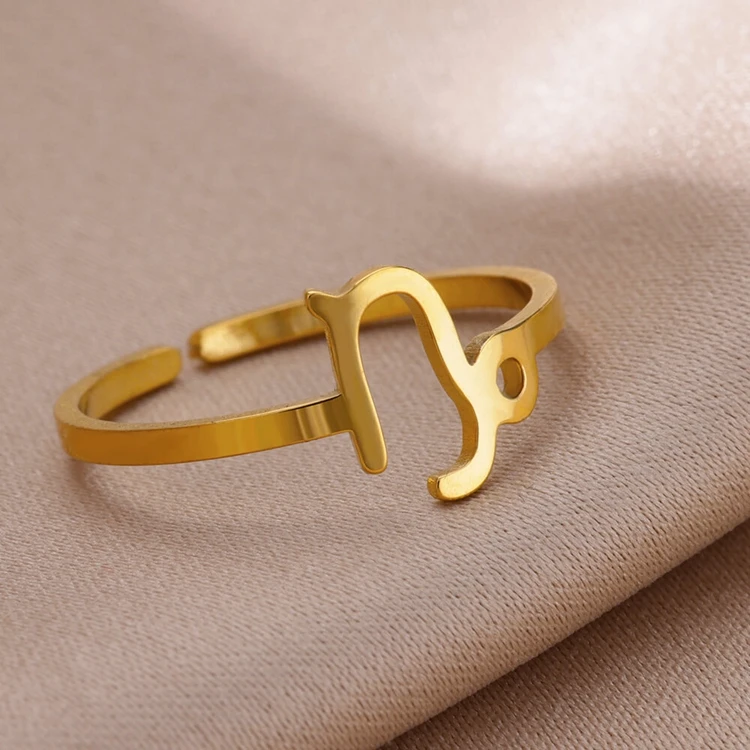 Simple Stainless Steel Jewelry 18k Gold Plated 12 Sign Symbol Zodiac Fashion Fine Open Adjustable Rings for Women Valentine Gift