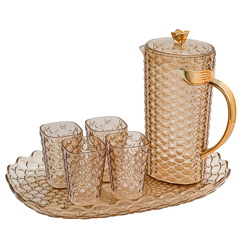 Custom Logo  PS Plastic Fish Scale Kettle Sst Orange Transparent Drinkware Water Jug Set With 4 Cup And Tray Acrylic Pitcher