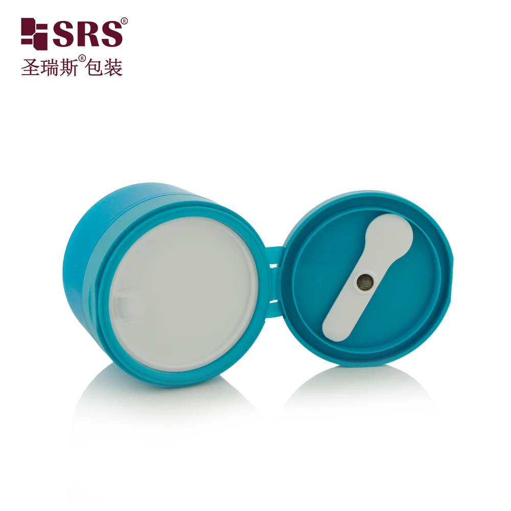 SRS1-120g Cylinder Lake Blue Colored PP Plastic Jar Set Cosmetic container with Blue Flip Cap with Attached Spoon for Eye Care