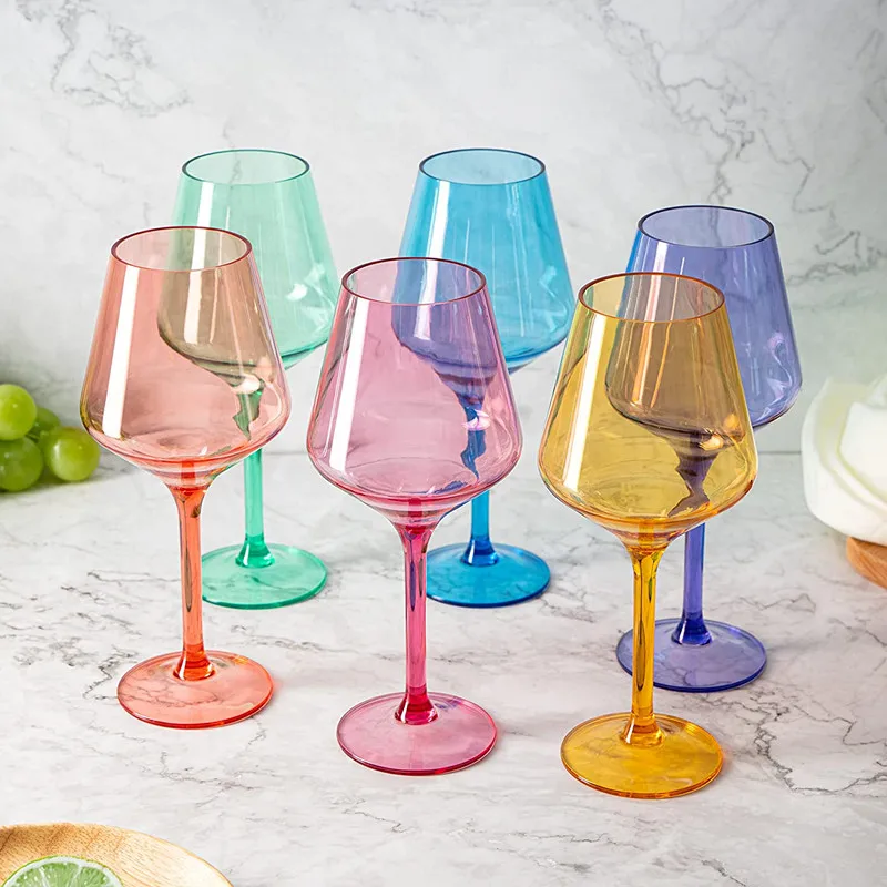 Stemmed Plastic Wine Glasses, Acrylic Glasses Drinkware, Unbreakable Colored , 6pcs -Shatterproof BPA-free plastic, Reusable