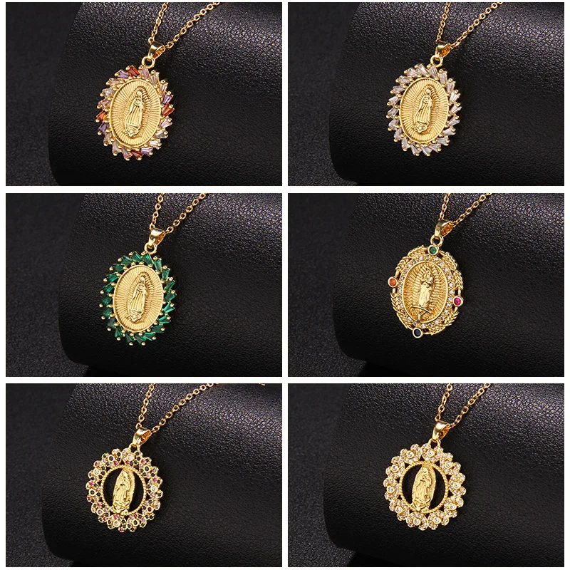 Vintage Religious Jewelry Copper Gold Plated Catholic Christian Micro CZ Zircon Virgin Mary Pendant Necklace