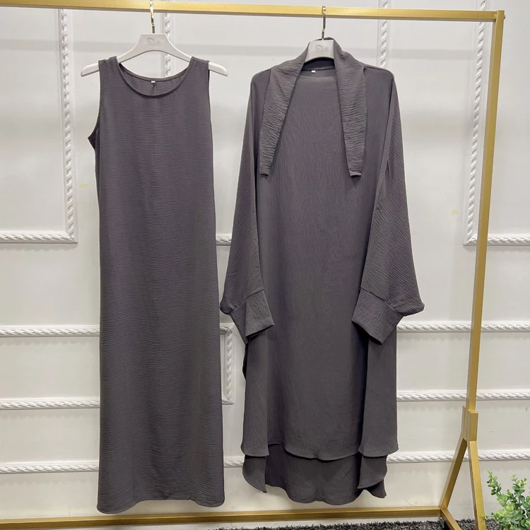 Dubai Jazz Crepe Long Sleeve Khimar Dress Jilbab Two Piece Set Islamic Muslim Women Turkey Middle East Solid Prayer Robe Caftan