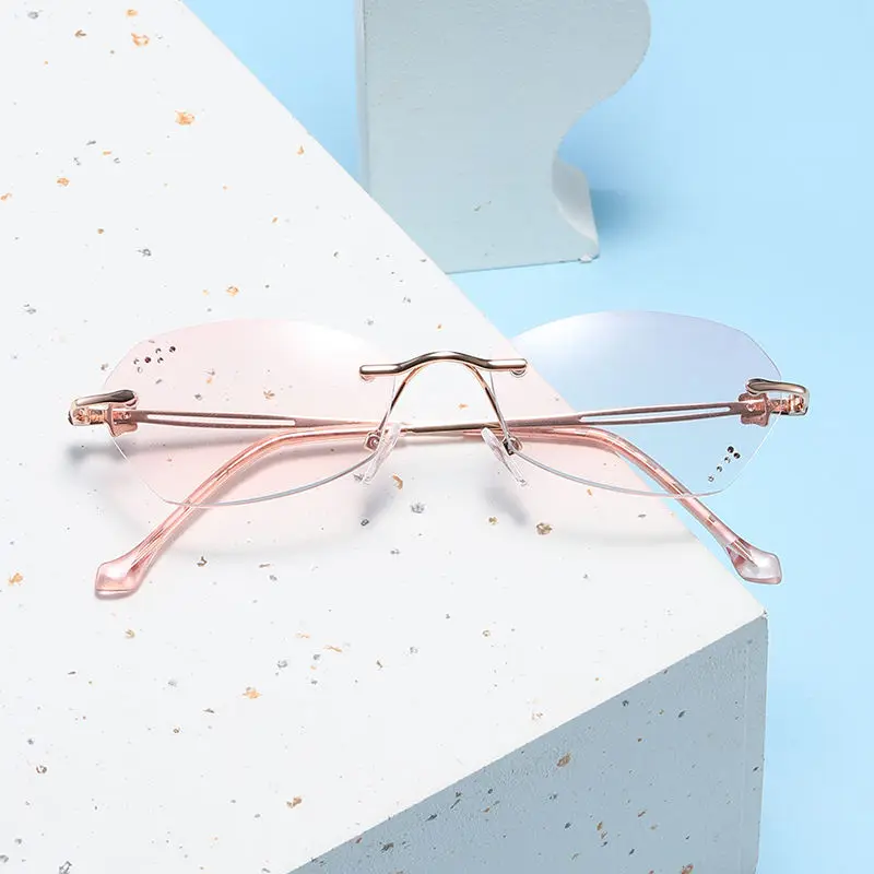Diamond-Cut Edge Diamond Women Anti-Blue Light Reading Glasses Elegant Fashion Rimless Glasses Gold Frame Pink Lens