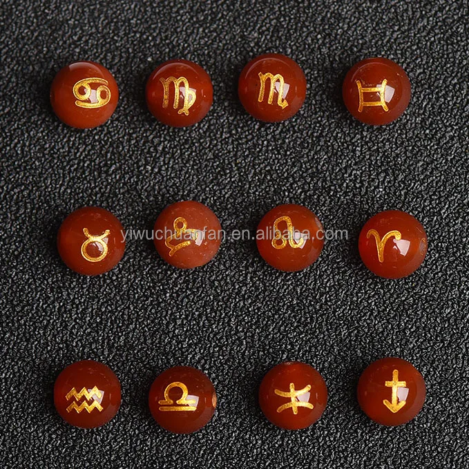 Custom 8mm 10mm Natural Stone Red Carnelian Gilding Carving 12 Constellations Crystal Loose Beads for DIY Jewelry Making