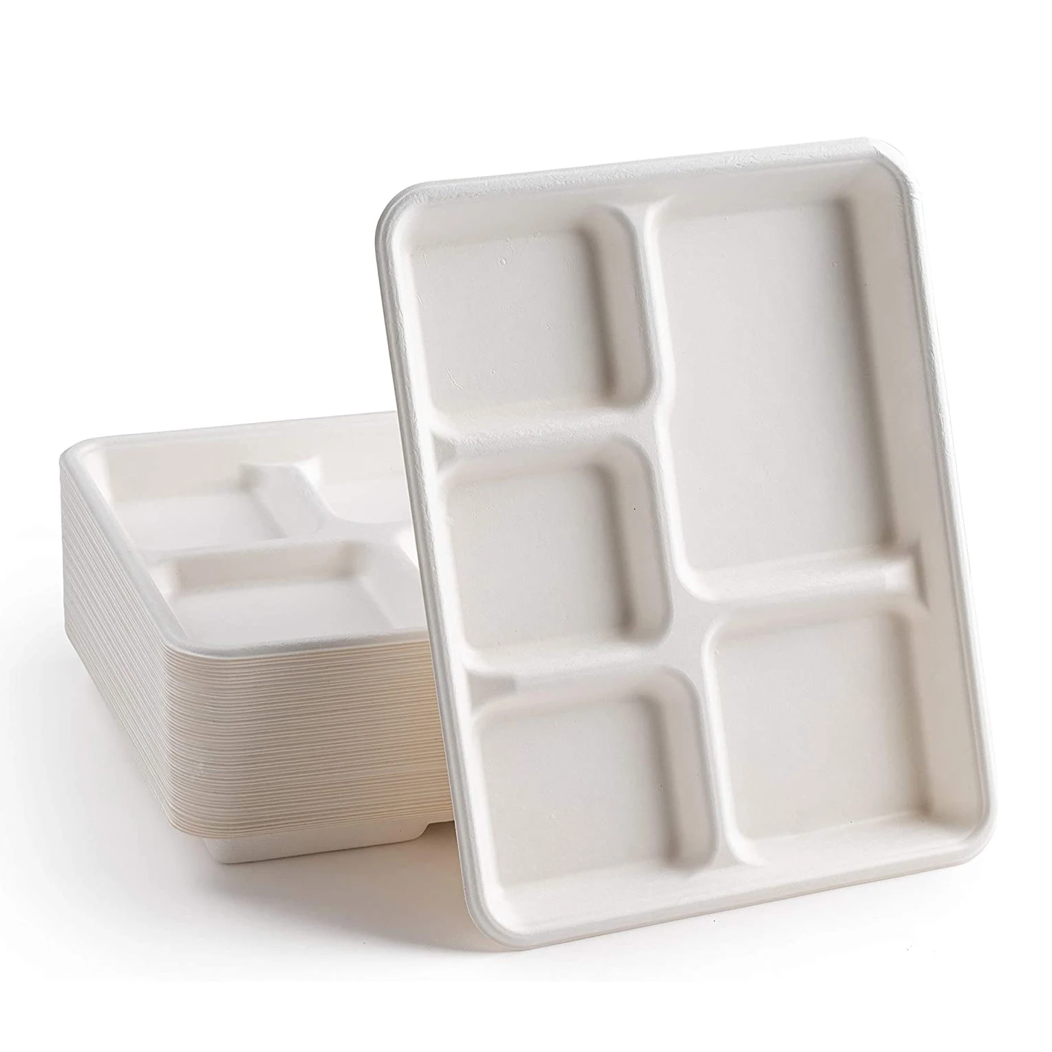 Custom Biodegradable Food Tray Sugarcane Bagasse Tableware 5 Compartment Trays Disposable Plates and Cups