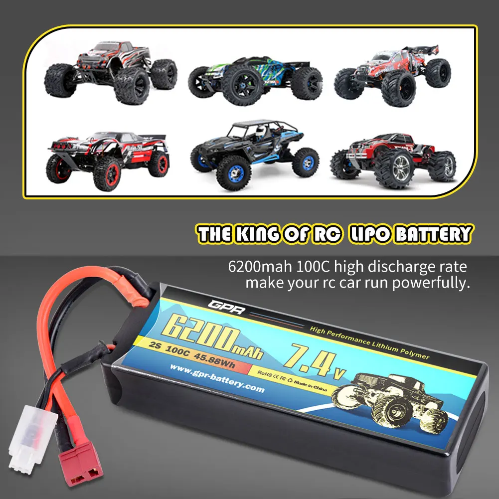 Rechargeable GPR 6200 mAh 2S High Discharge Rate 100C 7.4V Lipo Battery With T Plug Connector For RC Helicopter Racing Car
