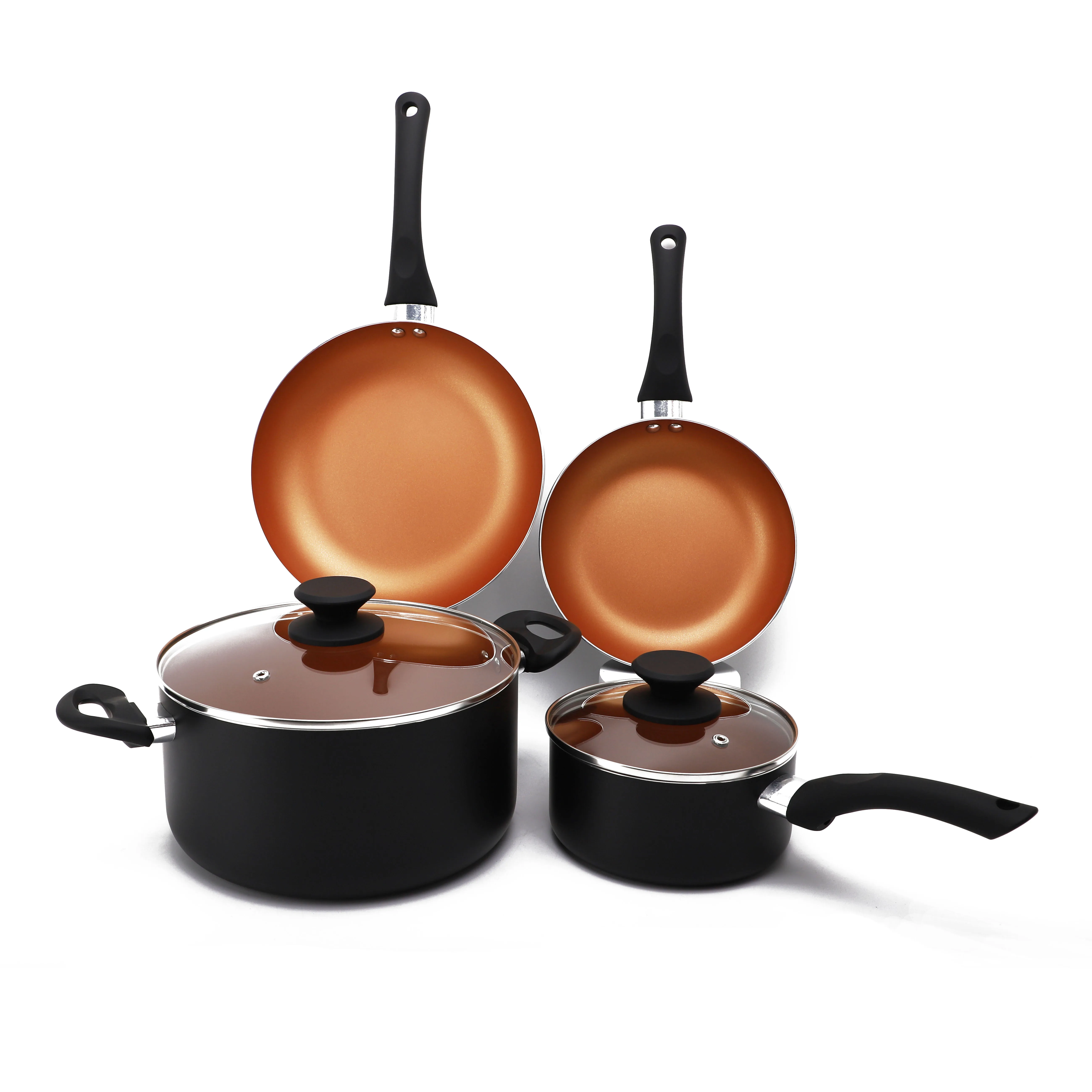 6 pieces bronze coloured non stick coating Pots and Pans Cookware  with Ergonomic Soft Touch Handle