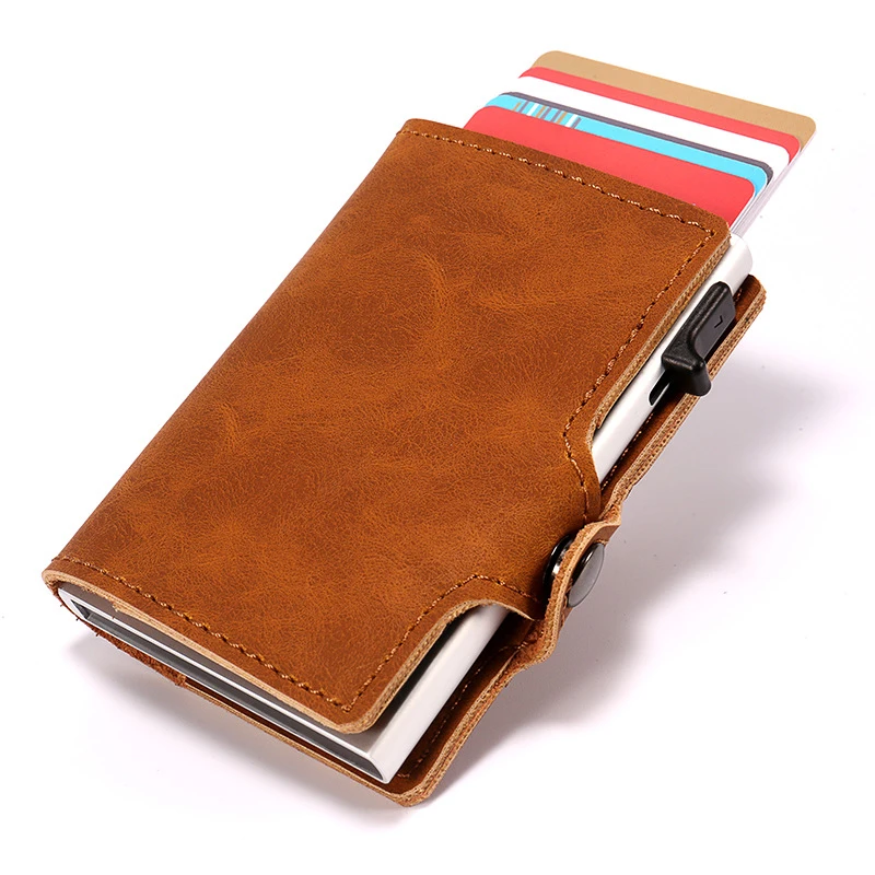 2023 RFID aluminum wallet pop up PU leather card holder Metal Money Clips minimalistic RFID Card Holders men wallet