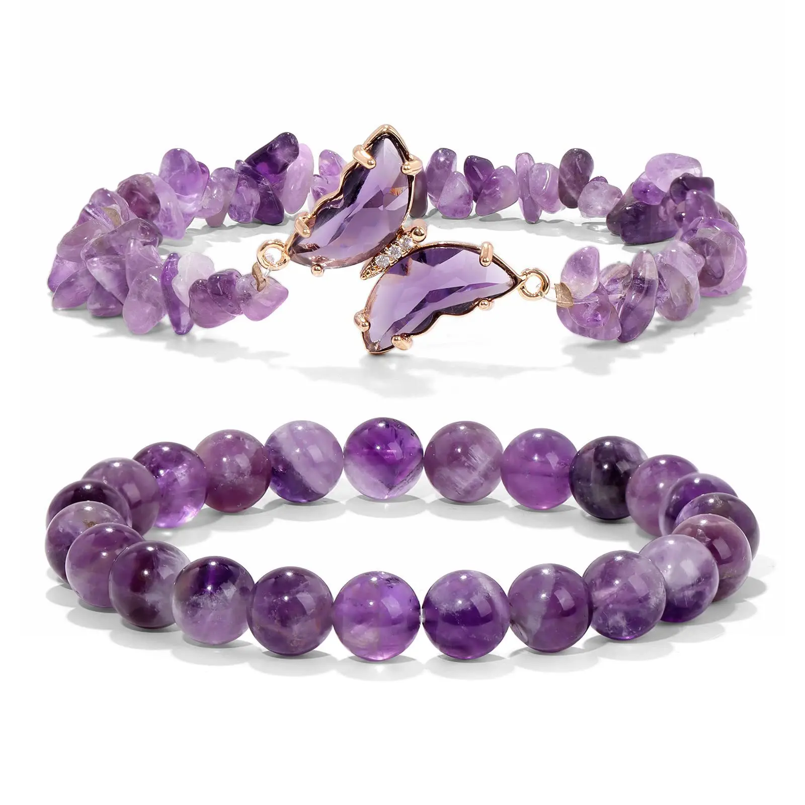 2024 Fashion Crystal Butterfly Natural Stone Beaded Bracelet Purple Amethyst Healing Energy Bracelet for Women