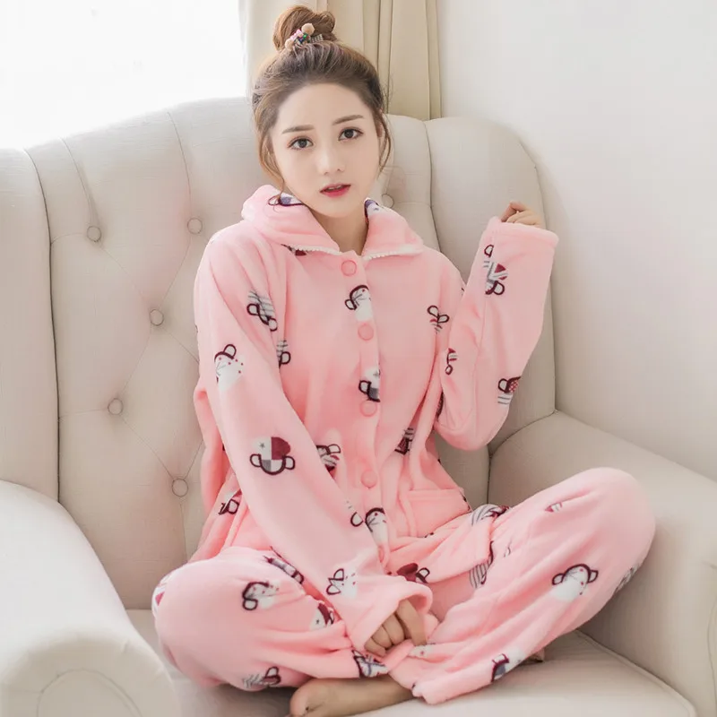 Wholesale Women Printed Keep Warm Flannel Plush Lapel Winter Pajamas set Sleepwear For Female cartoon Casual