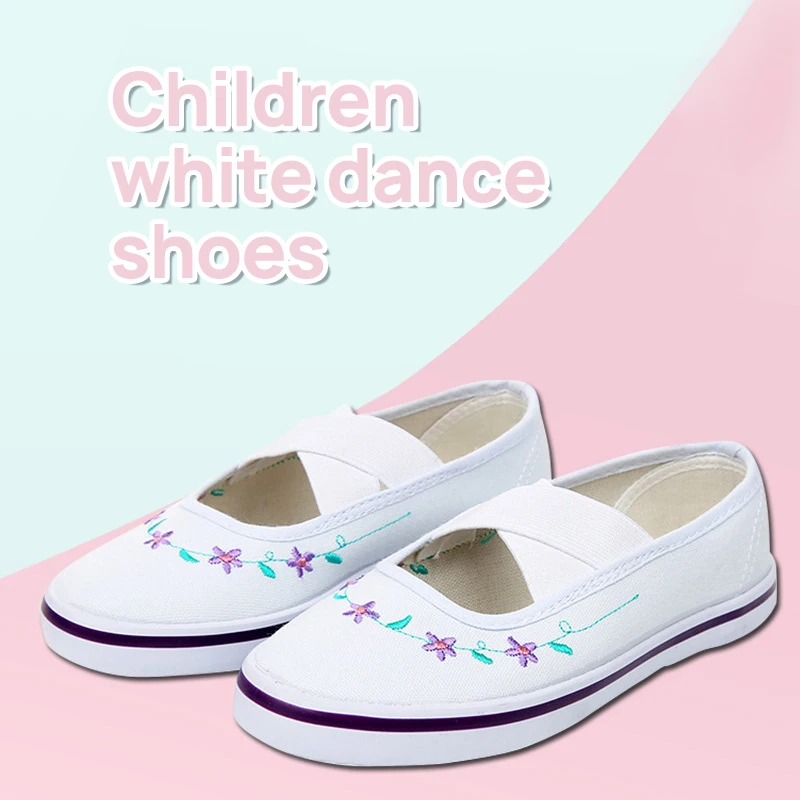 Детская оптовая продажа, белая Складная повседневная обувь для маленьких девочек, дешевая эластичная холщовая танцевальная обувь с вышивкой для маленьких девочек