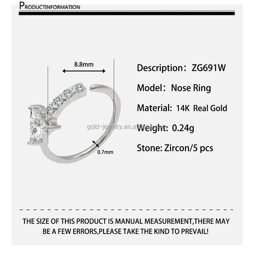 New Trendy AU585 14k Real White Gold Zircon Nose Piercing Jewelry Hoop Nose Ring Body Jewelry