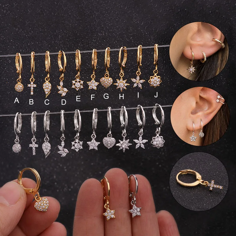 Silver Gold Dainty Hoop With Small Cz Dangle Earring Crystal Cross Flower Star Heart Wing Cartilage Hoop Helix Piercing Earring