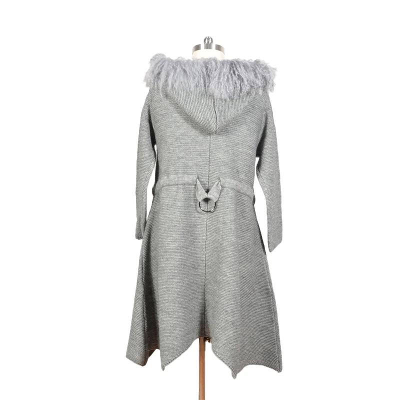 Custom Ladies Stylish Real Tibet Wool Collar Hooded Long Wool Blend Knitted Women Sweater Coat For Winter