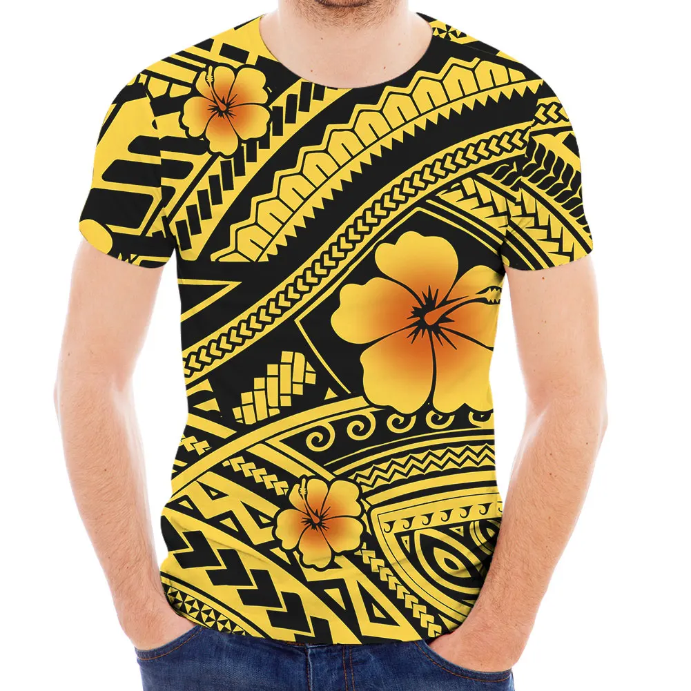 Purple Hibiscus Print Men T-shirts for Summer Short Sleeve Shirt Men Polynesian Tribal Design Printed Shirt Males Custom T Shirt