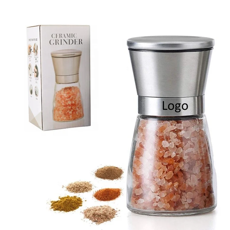 Manual adjustable coarseness refillable salt pepper shaker grinder seasoning spice mill glass bottle jar stainless steel lid