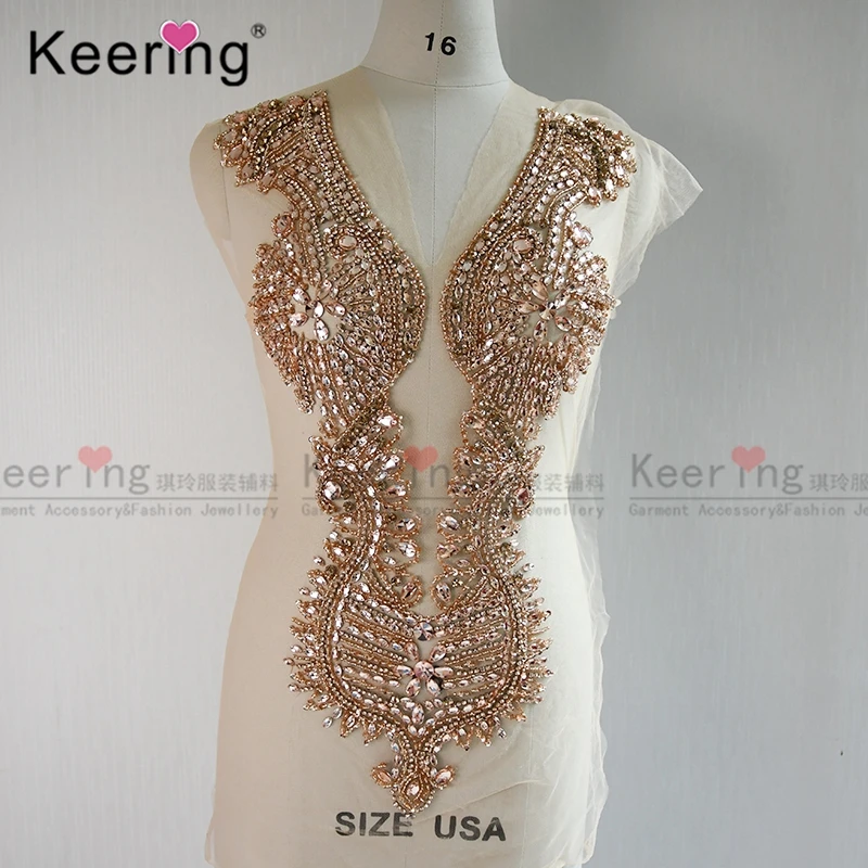 
High end Handmade Keering stock gold glass panel crystal stone bodices applique beading for dress WDP-148 
