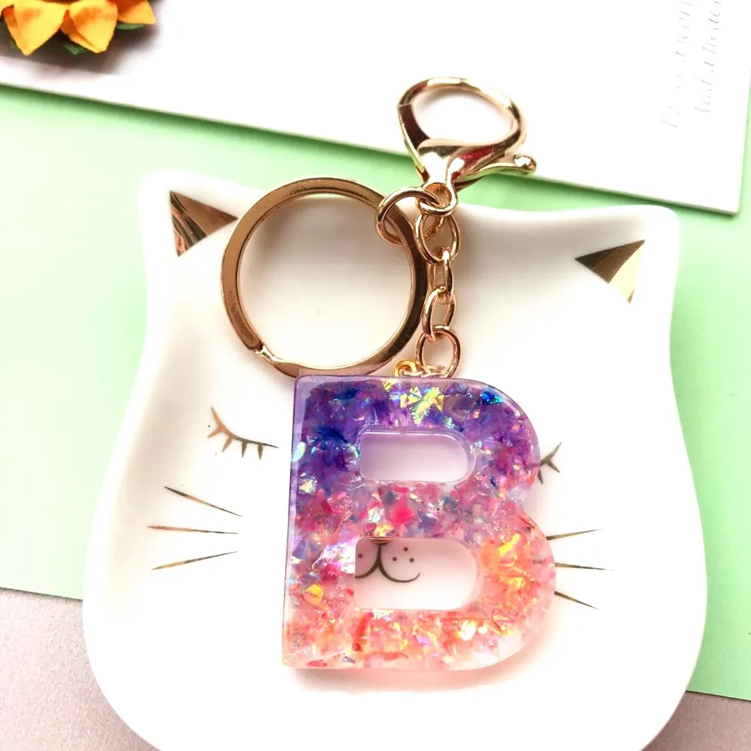 Trendy Glitter Resin Initial Alphabet Letter Pendant Keychain For Women A-z Jewelry Sequined Resin Key Chain Bag Accessories