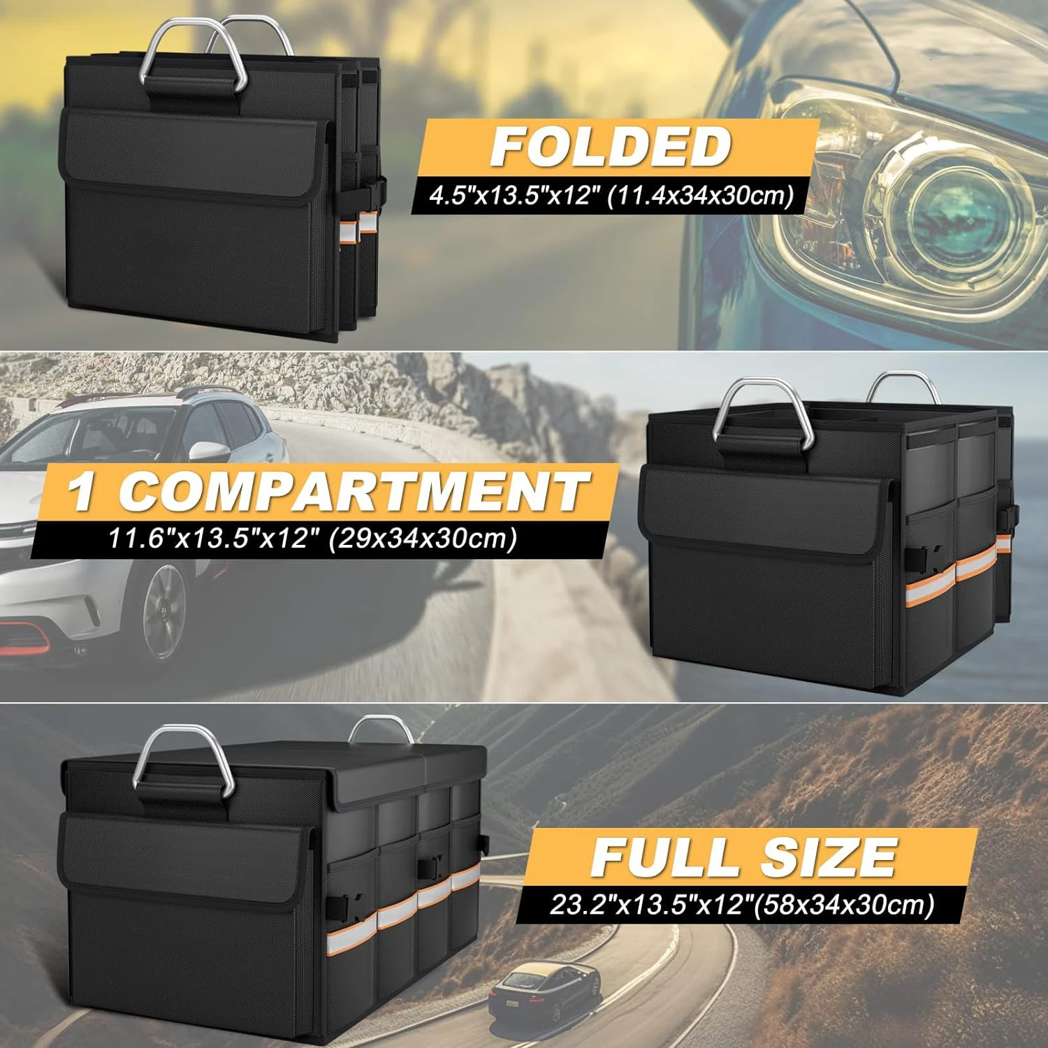 Multifunctional Waterproof 1680D Oxford Heavy Duty Collapsible Storage Box Car Trunk Organizer With Metal Handle